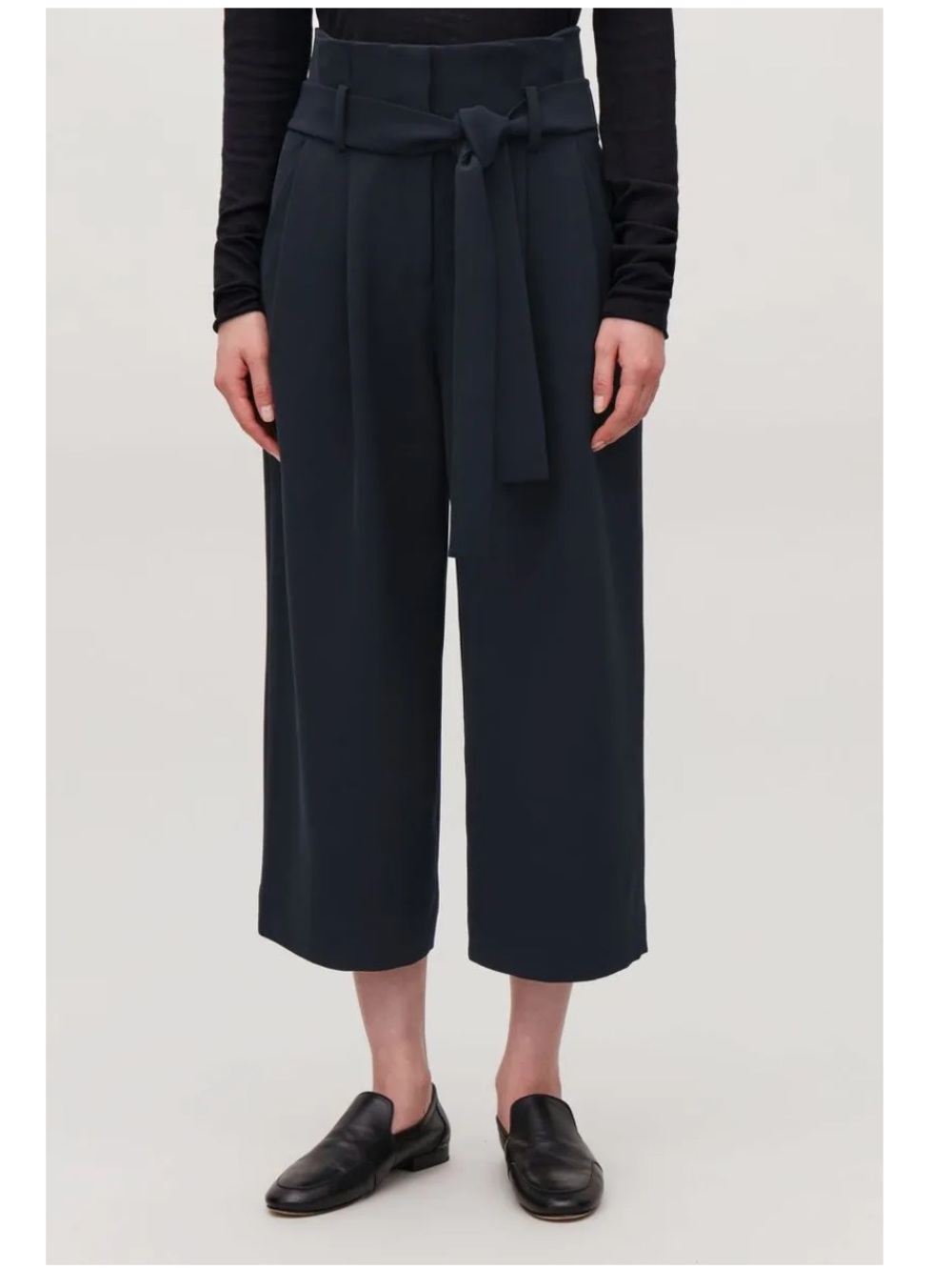 COS Pants Navy Blue Belted High Waist Wide Leg Cropped Paperbag Waist 4